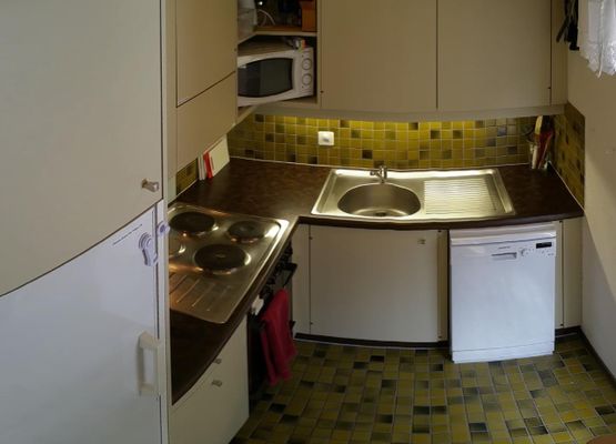 Komfortable Küche, Geschirrspüler, Mikrowelle, 3 Herdplatten, Backofen, Kühlschrank, viele Utensilien